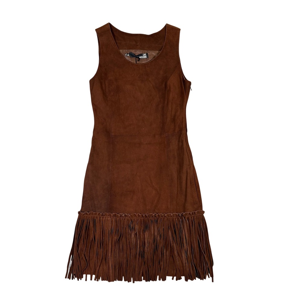 NWT Love Moschino Brown Suede Fringe Shift Dress W V 990 00 D 0836 Size 40 US 4